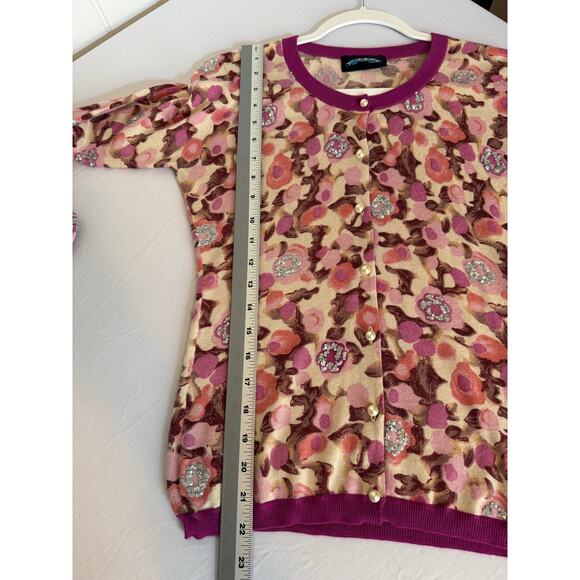 Till The End Womens L Silk Cashmere Colorful Floral Sequins Pearl Knit Cardigan - Picture 9 of 11